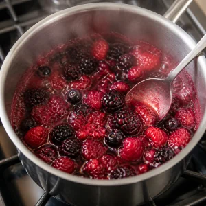 Mixed berries simmering with lemon juice and powdered sugar into glossy coulis