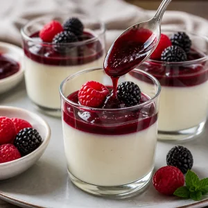 Set panna cotta served with berry coulis, fresh raspberries, and blackberries