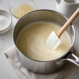 Sugar and bloomed gelatin stirred into warm vanilla cream until dissolved