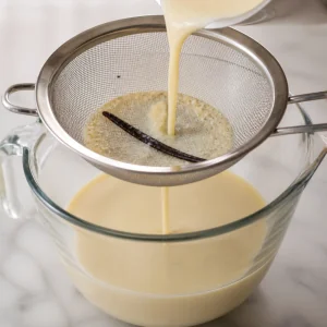 Vanilla cream mixture strained through a fine mesh sieve into a glass bowl