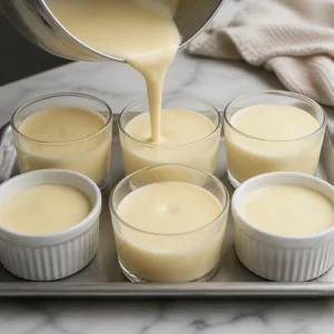 Vanilla panna cotta mixture poured into small glasses and ramekins on a tray