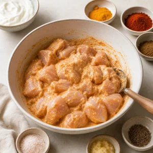 Pedaços de frango cobertos com marinada de iogurte temperada para butter chicken