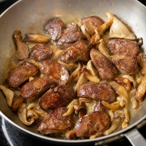 Chicken livers seared brown outside with mushrooms in the skillet