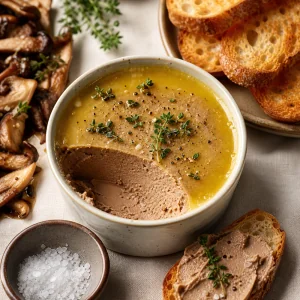 Finished silky chicken liver and wild mushroom pate with toasted baguette