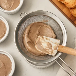 Silky pate pressed through a fine mesh sieve into ramekins