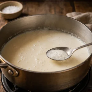 Foam being skimmed from gently bubbling milk