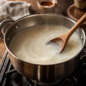 Milk mixture gently simmering in a saucepan