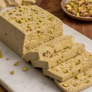 Pistachio tahini halva loaf sliced into thick pieces for serving