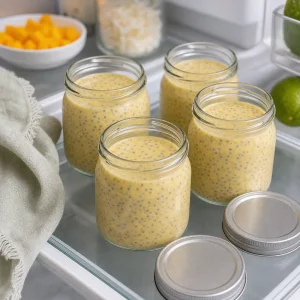 Mango coconut chia pudding divided into jars to chill and thicken.