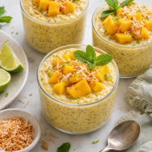 Mango coconut chia pudding topped with diced mango, toasted coconut, and mint.