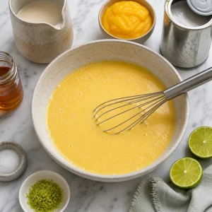 Mango coconut milk mixture being whisked with lime zest for chia pudding.