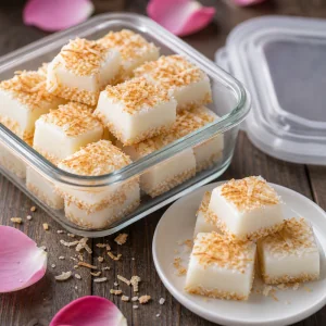 Coconut milk jelly squares stored in a glass container
