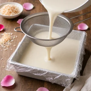 Creamy milk mixture strained into the lined pan
