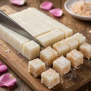 Milk jelly slab cut into coconut-coated squares