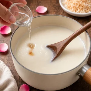 Rosewater poured into the creamy milk mixture