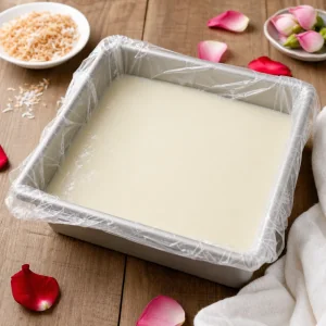 Smooth milk jelly setting in the lined square pan