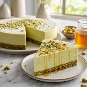Fertiges Stück Pistazien-Cheesecake mit Honig und gehackten Pistazien