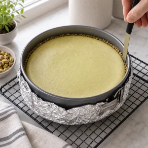 Messer löst den Rand des gebackenen Pistazien-Cheesecakes