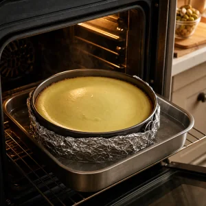 Pistazien-Cheesecake backt im foliengeschützten Wasserbad
