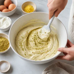 Pistazien vorsichtig unter die cremige Cheesecake-Füllung gehoben