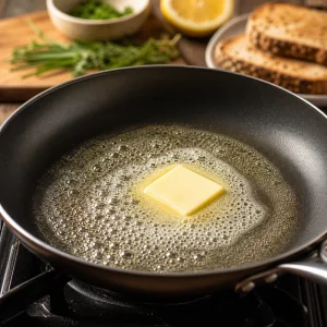 Butter schaeumt sanft in einer beschichteten Pfanne