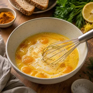 Eier mit Sahne und Kurkuma in einer Keramikschuessel verquirlt