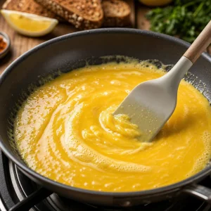 Goldene Eiermasse wird mit einem Spatel in der Butterpfanne geruehrt