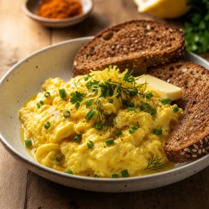 Weiches Ruehrei mit Kraeutern und Zitronenzeste neben Toast