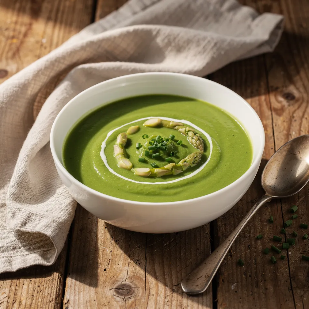A creamy green asparagus soup garnished with tips and chives in a white bowl
