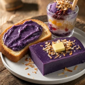 Halaya d ube refroidie servie avec du pain grille et de la noix de coco