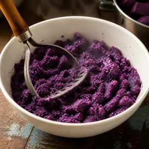 Ube violet cuit ecrase dans un bol blanc