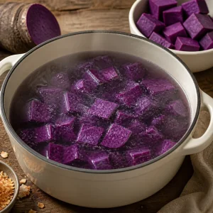 Cubes d ube violet mijotant dans une casserole d eau