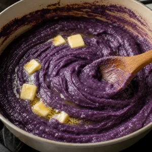Halaya d ube brillante qui epaissit avec du beurre dans une poele