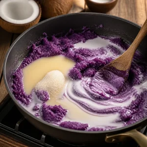 Ube ecrase marbre de lait de coco dans une poele
