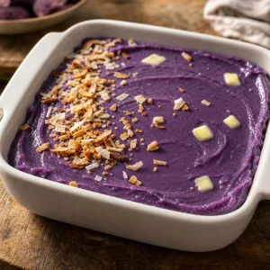 Halaya d ube lissee dans un plat blanc avec noix de coco grillee