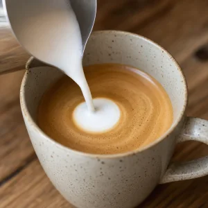 Dzióbek dzbanka tworzy biały krąg pianki na espresso