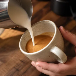 Spienione mleko wlewane do przechylonego kubka z espresso