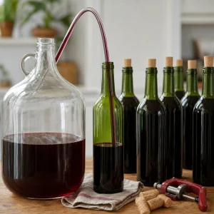 Clear red wine siphoned from a glass carboy into sanitized bottles for aging