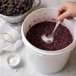Crushed Campden tablet stirred into dark grape must before covering the bucket