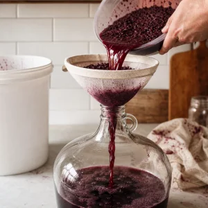 Fermented grape liquid strained through cheesecloth into a sanitized glass carboy