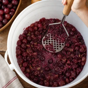 Fresh red grapes crushed in a food grade bucket to release dark juice