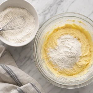 Flour mixture added to vanilla cake batter beside a whisked dry bowl