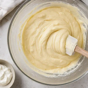 Smooth vanilla cake batter folded with a spatula