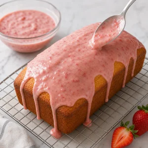Strawberry glaze spooned over a cooled vanilla pound cake