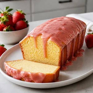 Vanilla pound cake with strawberry glaze and one sliced piece