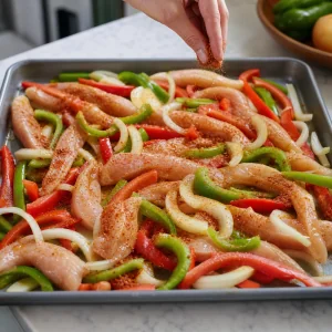 Chicken strips, peppers, and onions seasoned on a sheet pan
