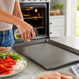 Large rimmed baking sheet lightly greased before making sheet pan chicken fajitas