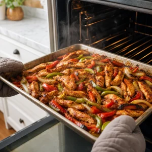 Roasted chicken fajitas with tender vegetables and lightly charred edges