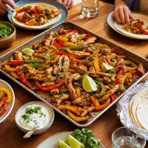 Sheet pan chicken fajitas served family style with warm tortillas and lime crema