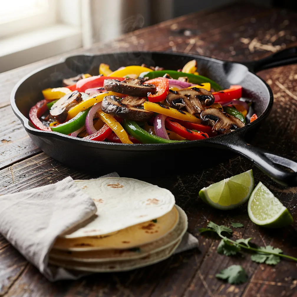 A cast-iron skillet filled with charred bell peppers and onions next to a stack of warm tortillas